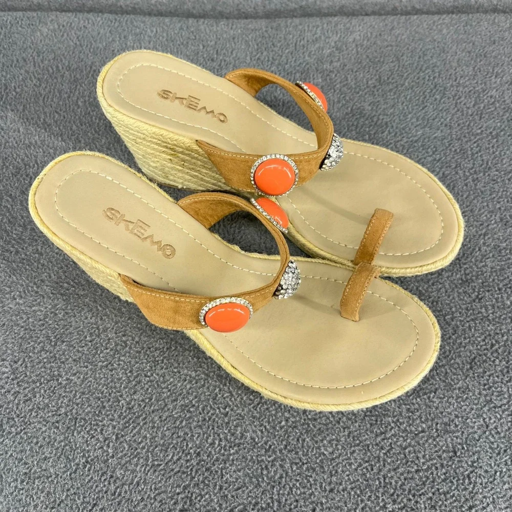 Skemo Wedge Sandals Womens 10‎ Tan Coral Embellished Espadrille Boho Rhinestone